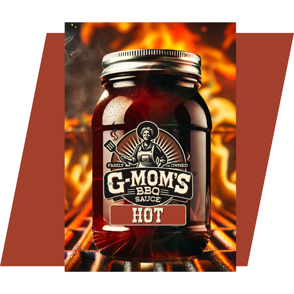 GMoms hot bbq sauce on with fire background on a grill.
