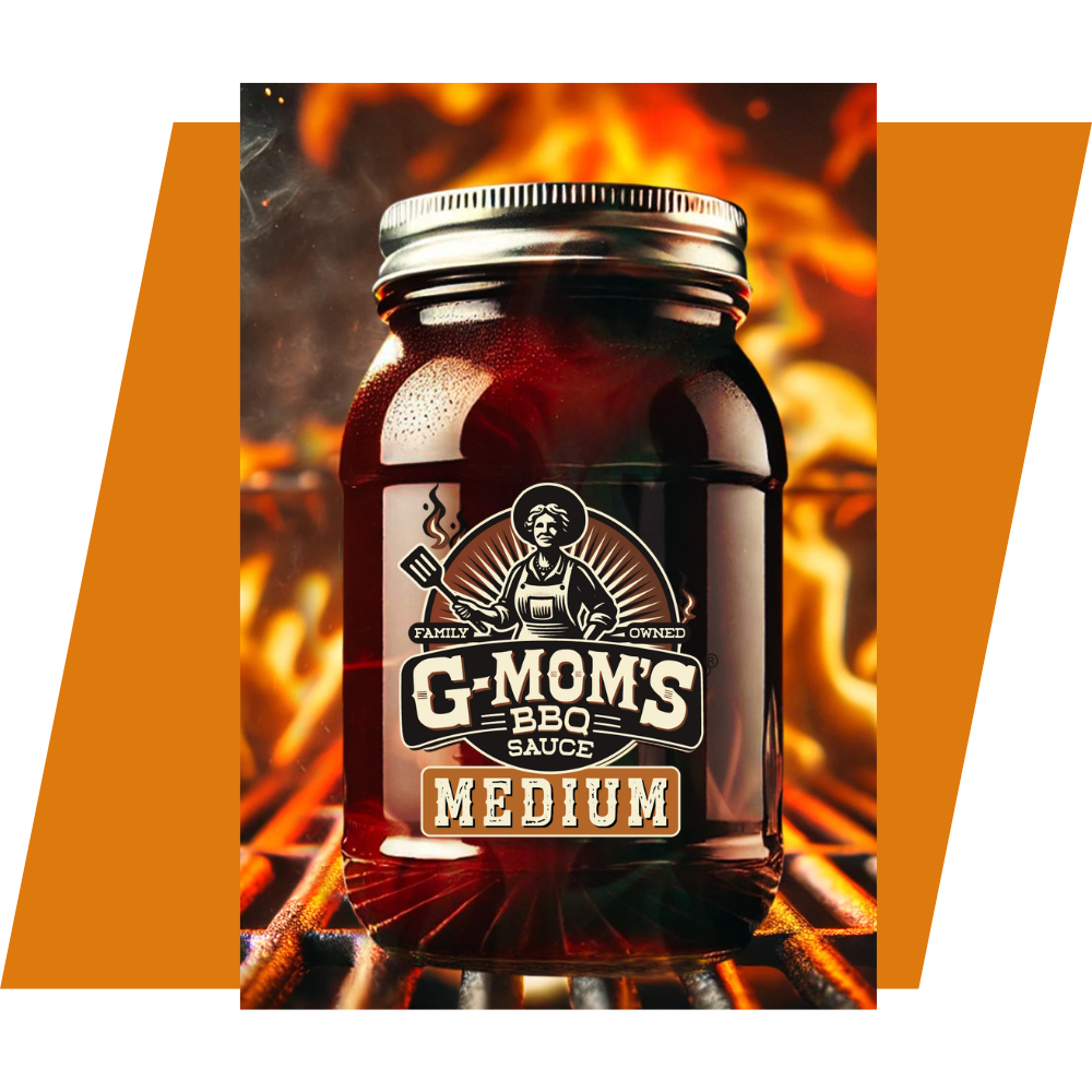 GMoms medium bbq sauce on a firey grill