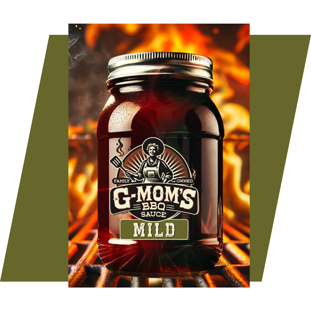 Gmoms BBQ Sauce on a fire lit grill.